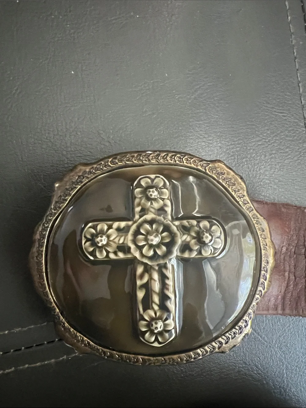 Lucky Brand Brown Braided Leather Belt with Enamel Floral Cross Buckle